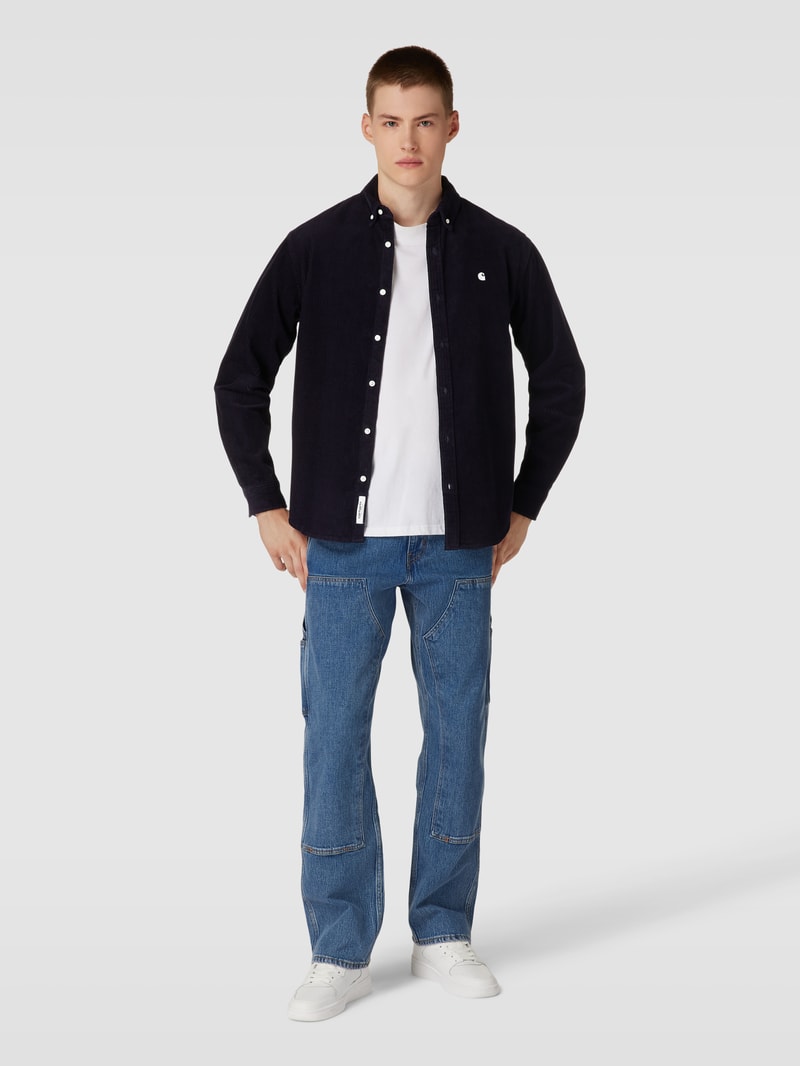 Regular Fit Cordhemd mit Logo-Stitching Modell 'MADISON' in marineblau