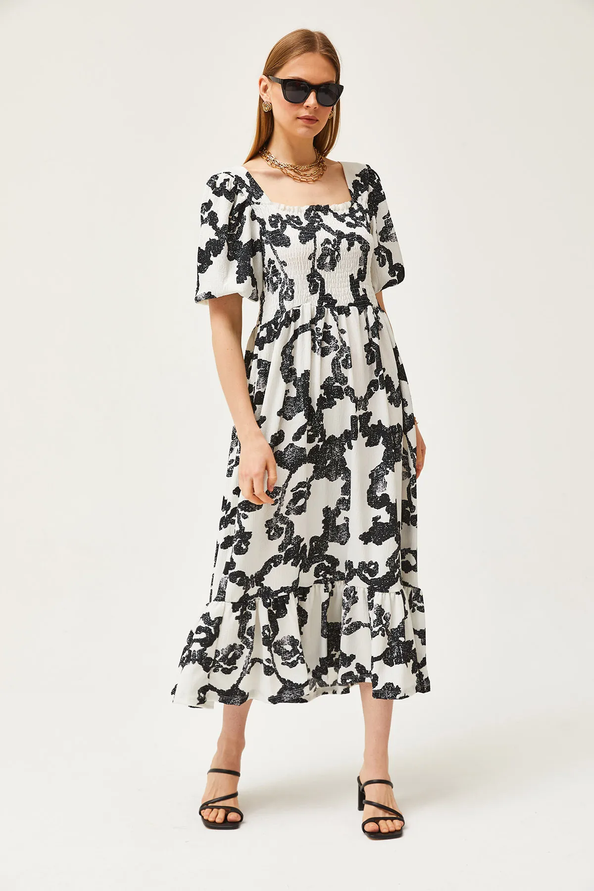 Olalook  Ecru-schwarzes Robe Gimped Midi-Strickkleid für Damen ELB-19002108