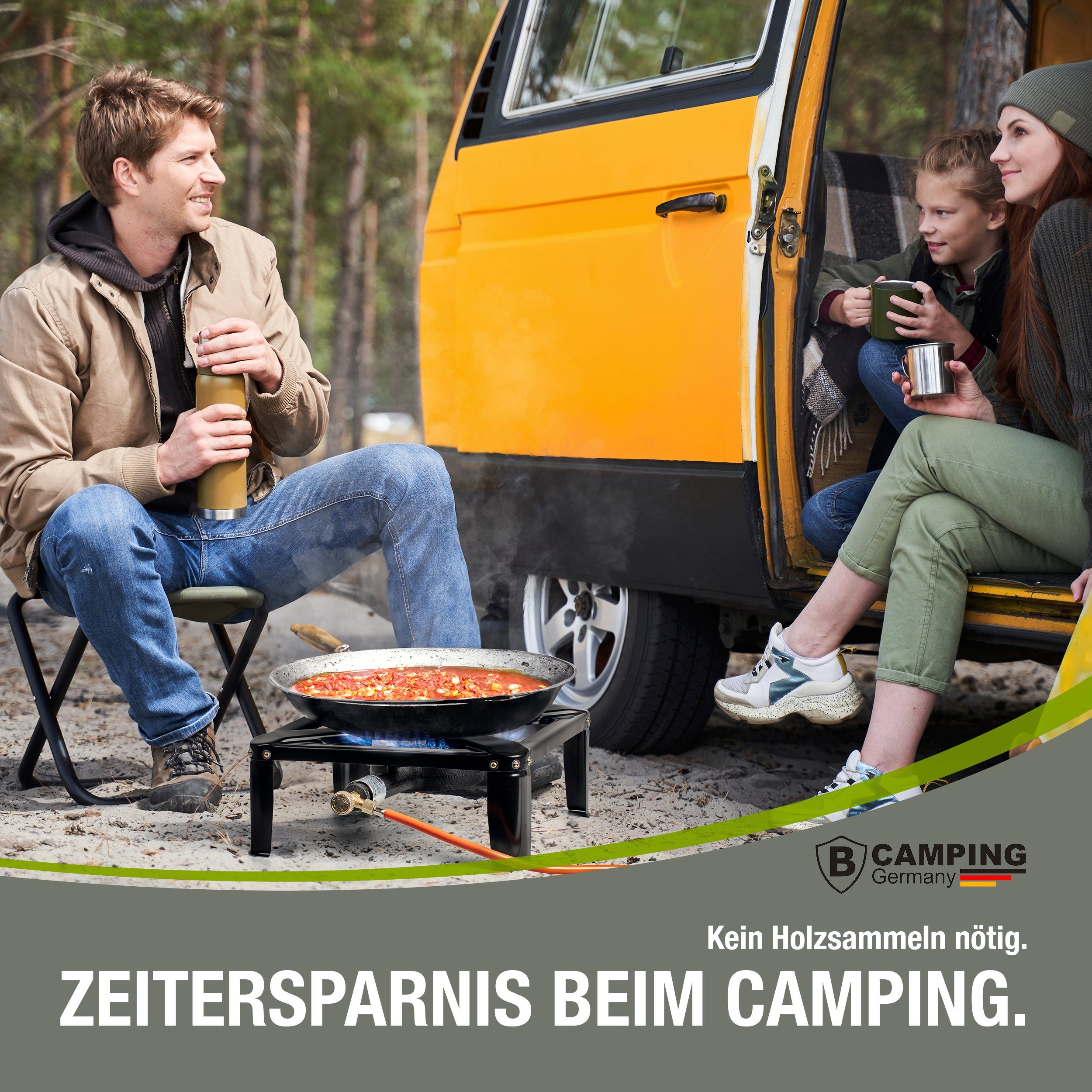 bahama Gaskocher B CAMPING GERMANY® Gaskocher inkl. Gasschlauch mit Druckminder, 50 mbar - robuster Campingkocher leistungsstark 7,5 KW - Hockerkocher