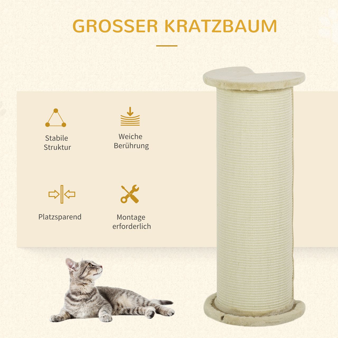 PawHut Kratzbaum, 85 cm, Kratzsäule, Kratzstamm für Katzen, Katzenkratzbaum