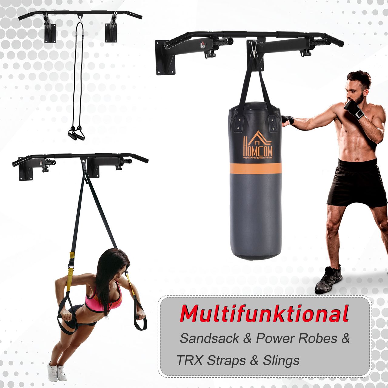 HOMCOM Klimmzugstange pull up bar Wandmontage Reckstange mit Ösen für Boxsack Stahl Schwarz ca. 93,5 x 65 x 17 cm