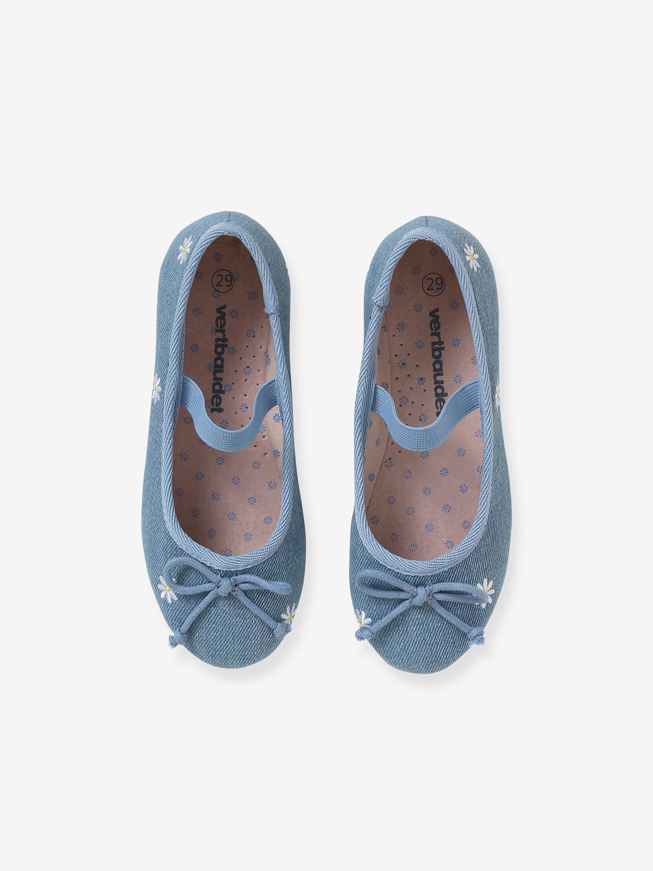 Ballerines fille en toile brodée bleu