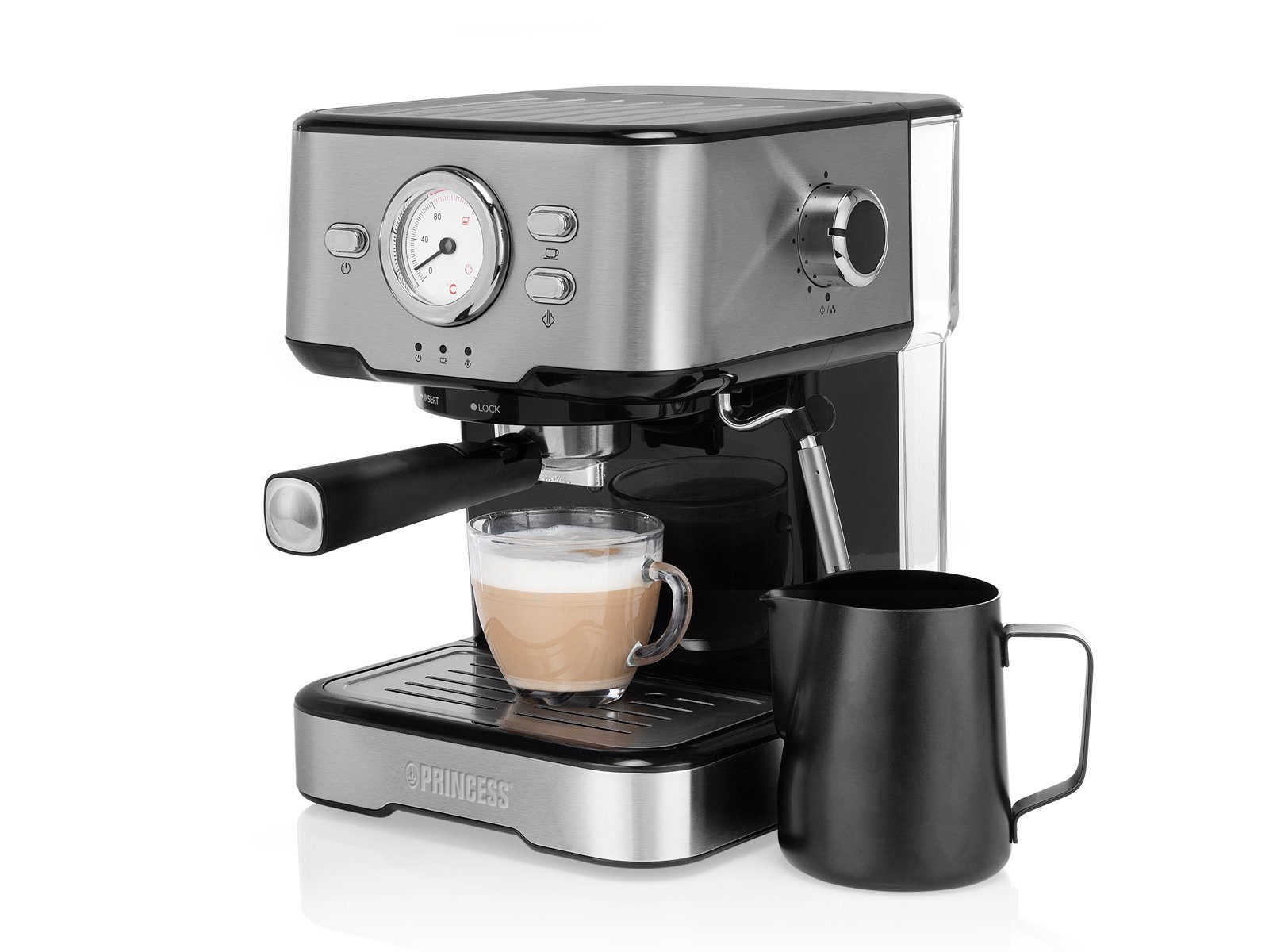 PRINCESS Siebträgermaschine, italienische Kaffee & kleine Espresso-Maschine mit Milchaufschäumer