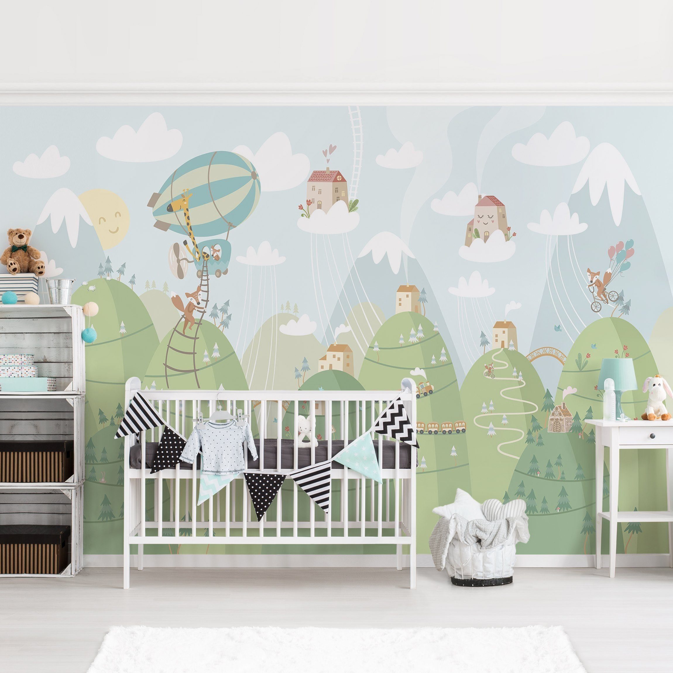 Bilderdepot24 Kindertapete Kinderzimmer Wald Häuser Tiere Kinder Wanddeko Berge Pastell, Glatt, Matt, (Inklusive Gratis-Kleister oder selbstklebend), Mädchenzimmer Jungenzimmer Babyzimmer Bildtapete Fototapete Wandtapete