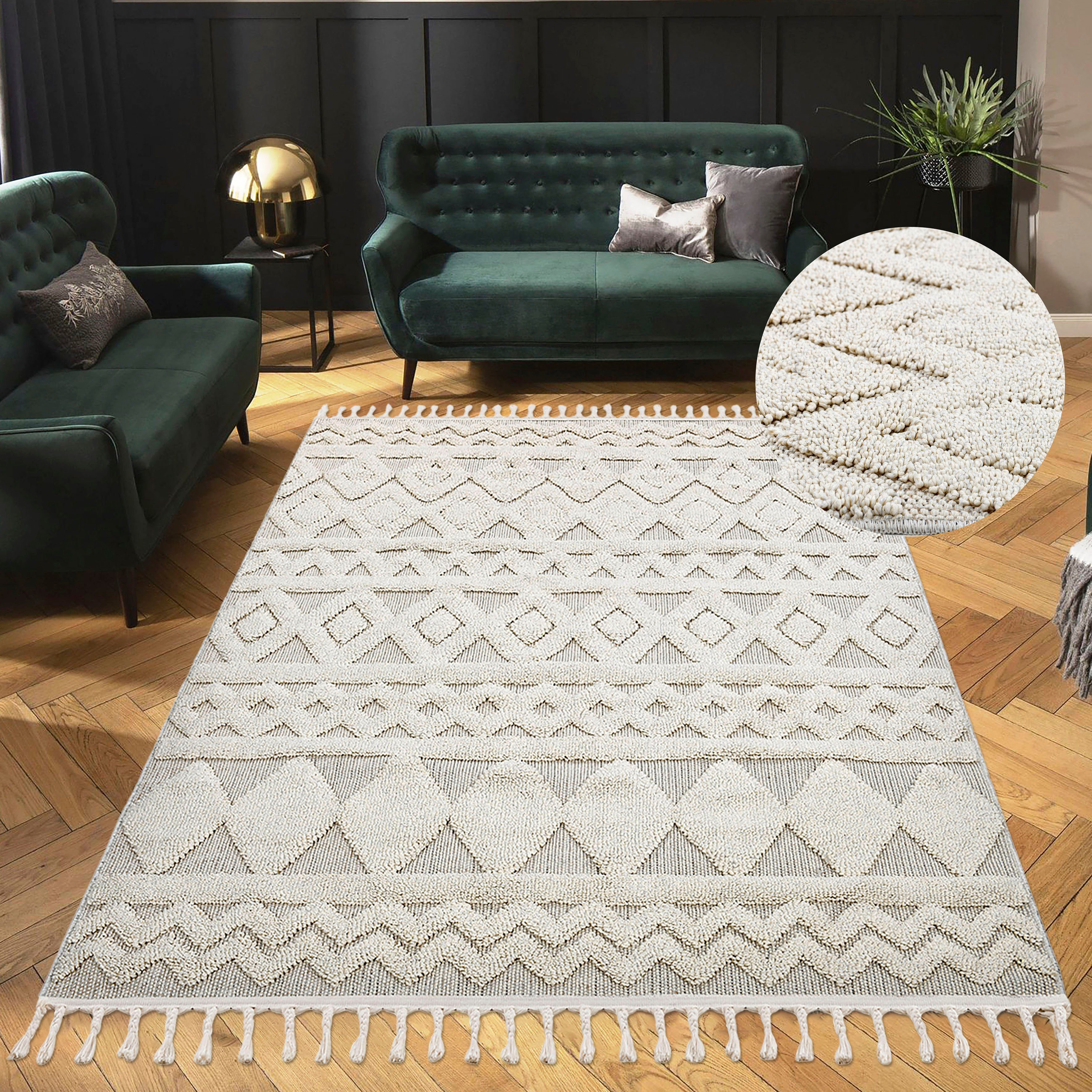 Teppich Duncan, Home affaire, rechteckig, Höhe: 18 mm, Hoch-Tief-Struktur, Woll-Look, Boho, mit Fransen