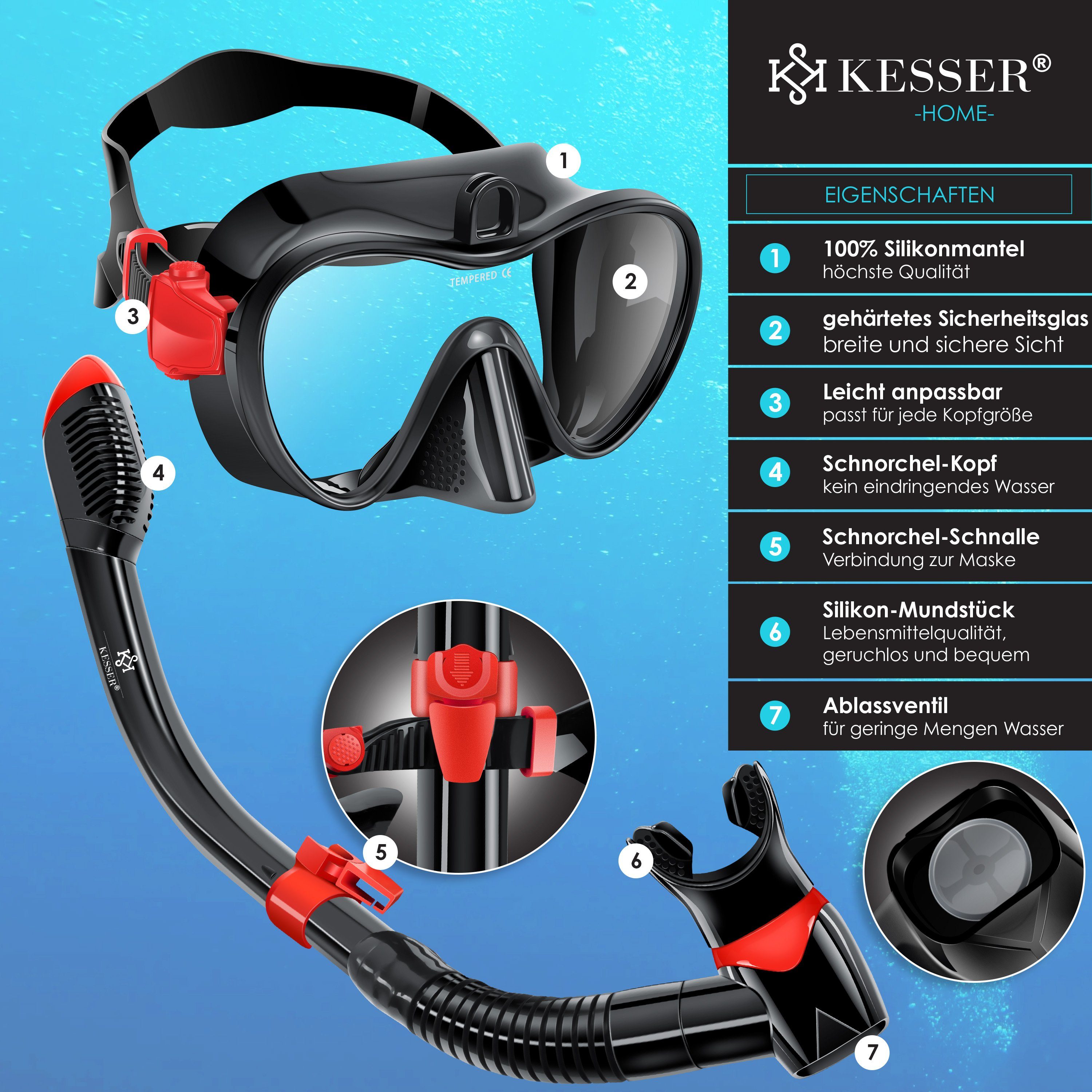 KESSER Taucherbrille, Schnorchelset Profi Taucherbrille Schnorchelmaske Tauchset