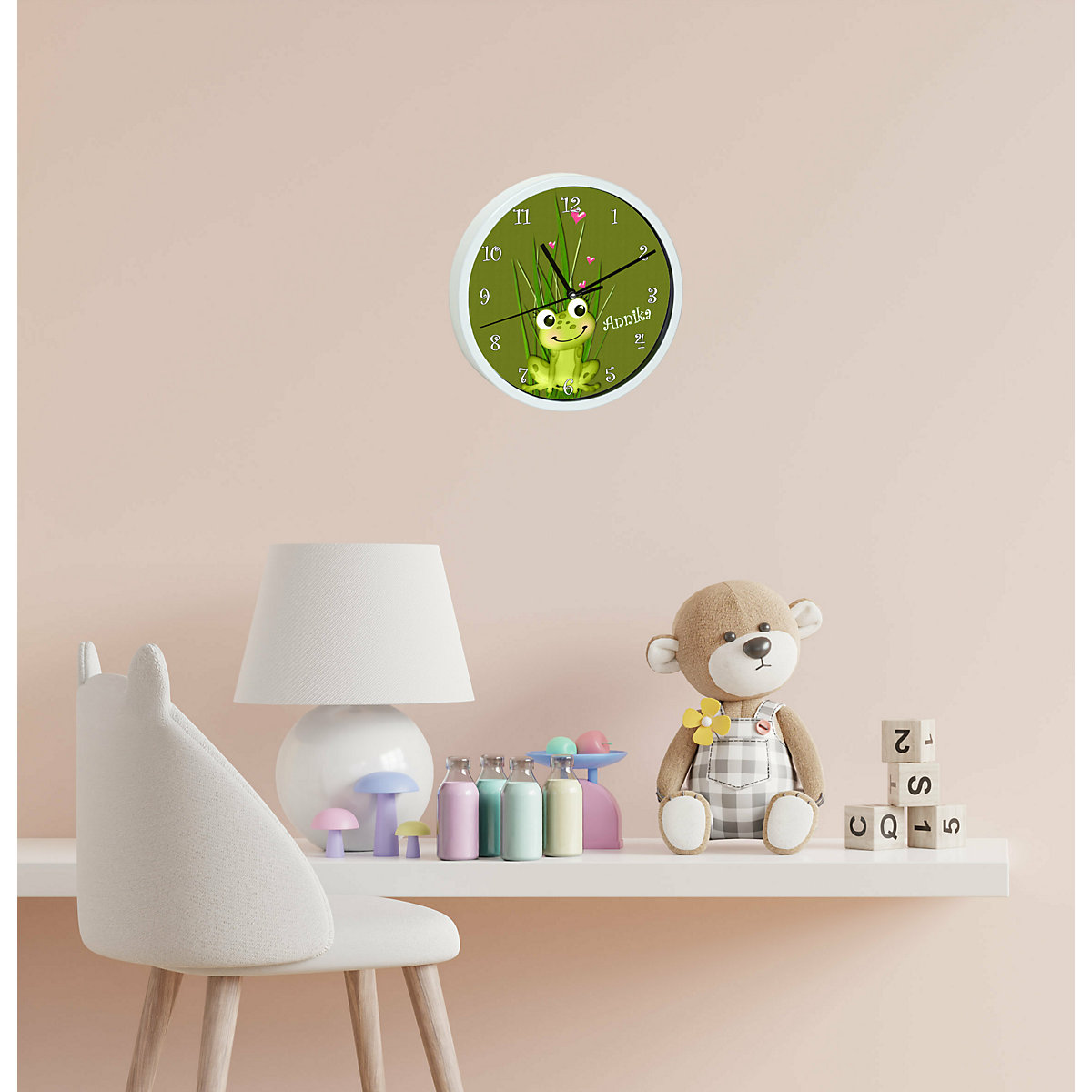 Kinder Wanduhr personalisiert mit Name Frosch-Graß