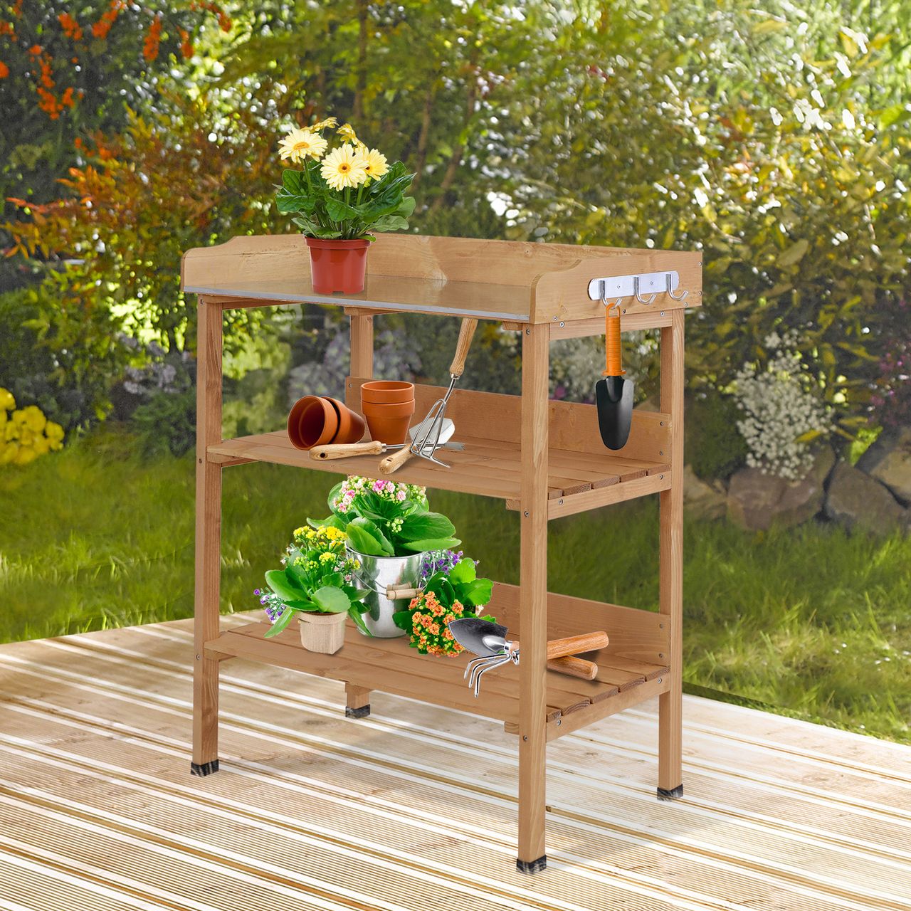 Outsunny Pflanztisch Gärtnertisch Blumentisch mit Metall Arbeitsfläche Garten
