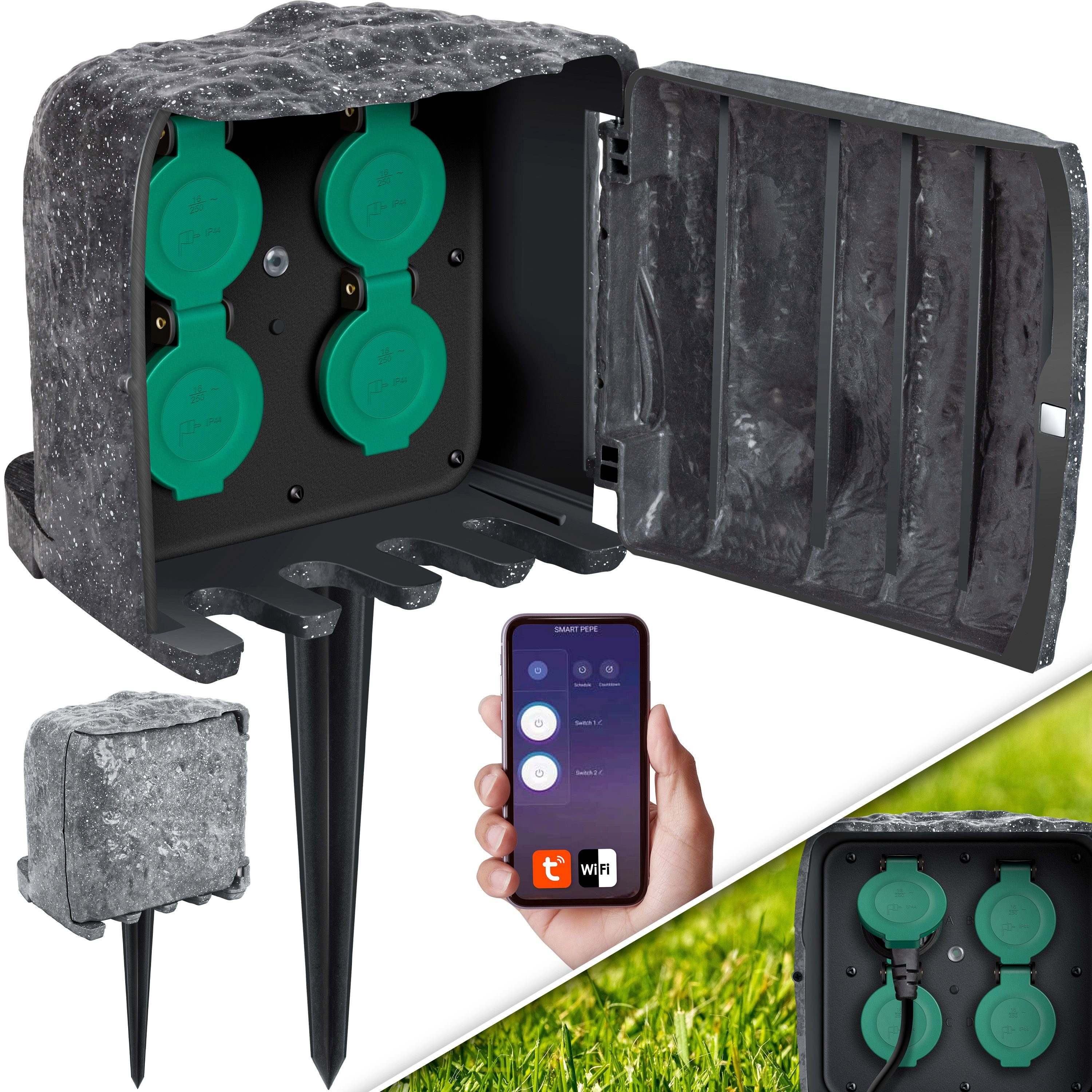 KESSER Gartensteckdose, Gartensteckdose Steinoptik mit Steckplätzen mit WiFi Fun