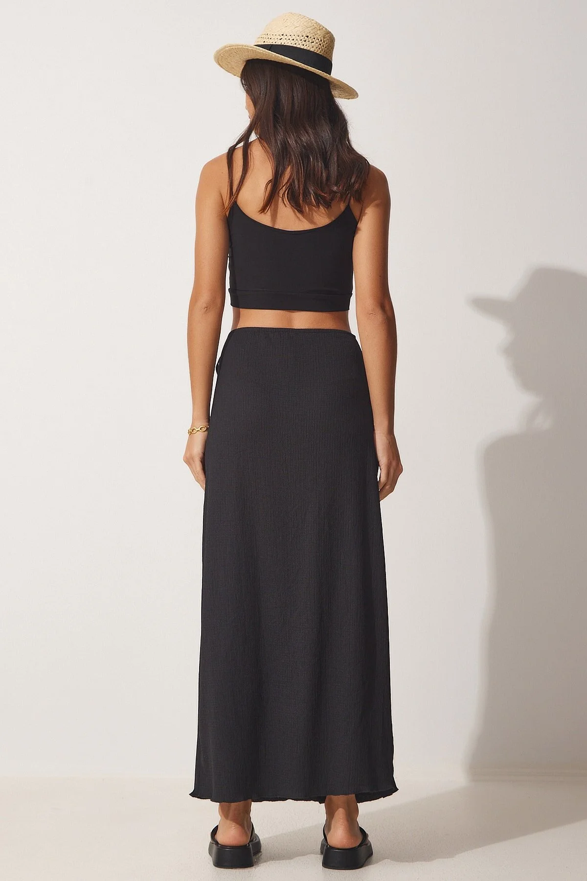 Happiness İstanbul  Schwarzer Strick-Wickelrock mit Bindeband für Damen UB00095