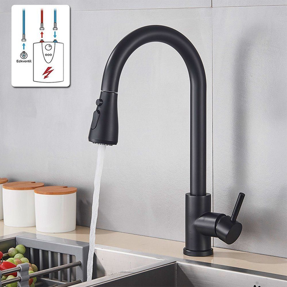 XIIW Waschtischarmatur Niederdruck Wasserhahn Mischbatterien Küchenarmatur Spültischarmatur (mit 3 Anschlussschläuche, Brause Ausziehbar, 360° Schwenkbar, Einhebelmischer Armatur für Küche) Küchenspüle Armatur, Höhe 390MM