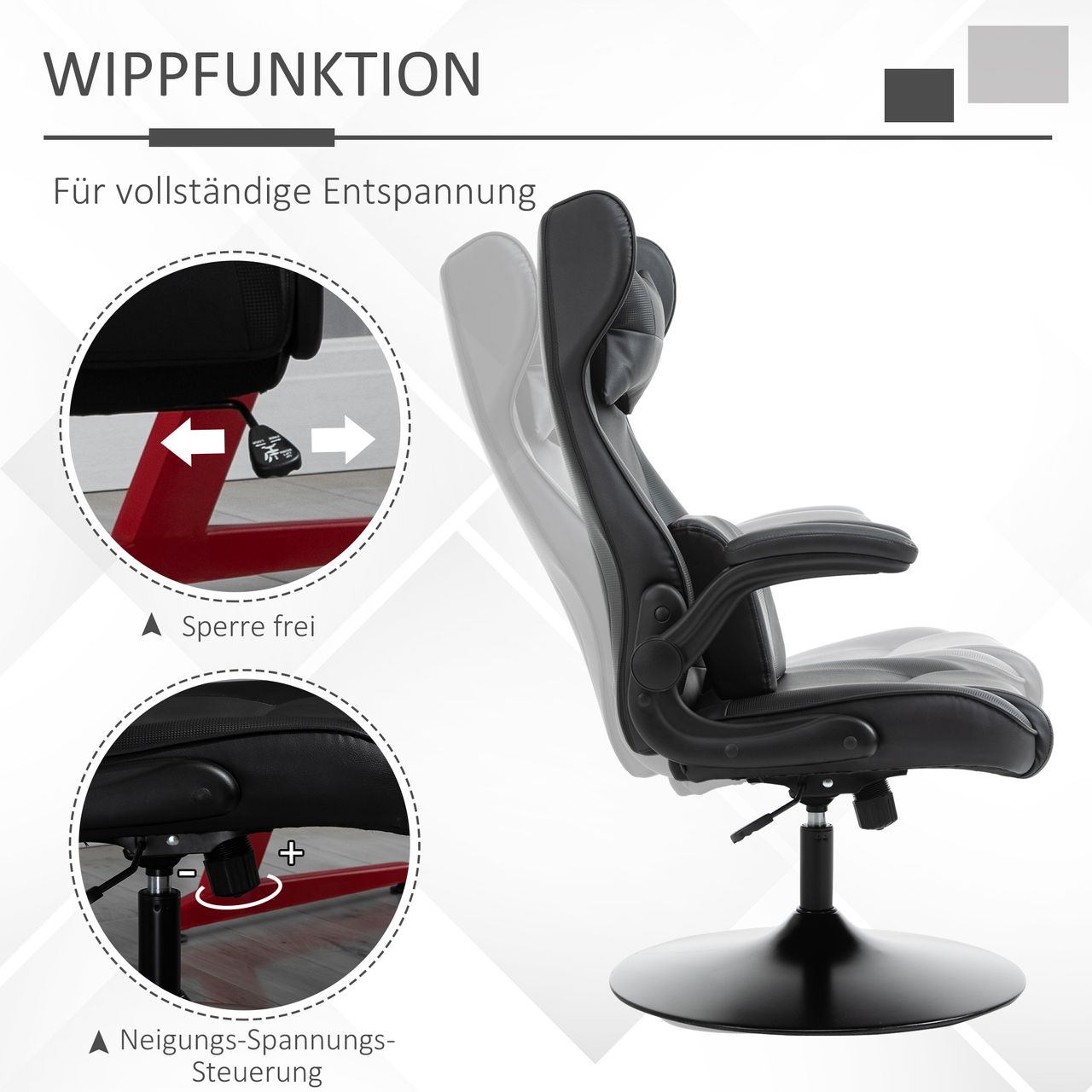 HOMCOM Gaming Stuhl Ergonomischer Computerstuhl Bürostuhl Schreibtischstuhl mit Wippenfunktion und Lendenkissen Drehstuhl höhenverstellbar gepolsterter Sitz Metall Schwarz 67x71x112 cm
