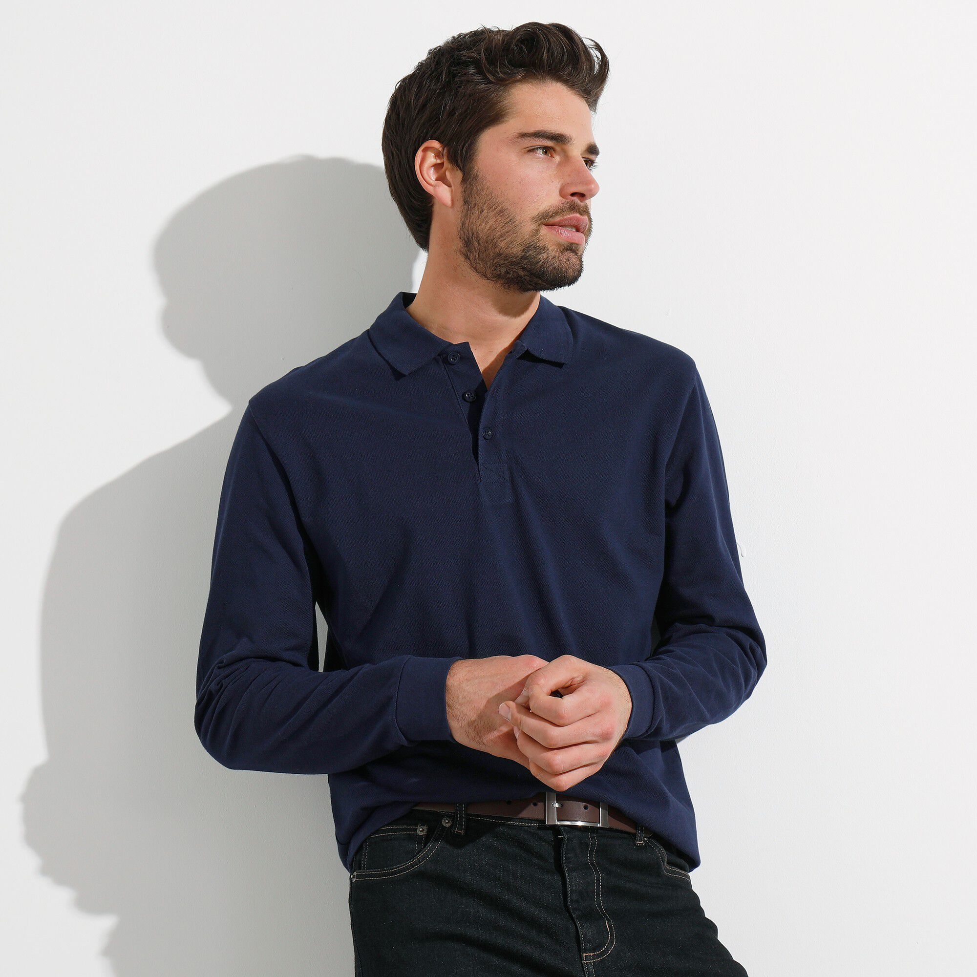 Polo uni maille piquée manches longues