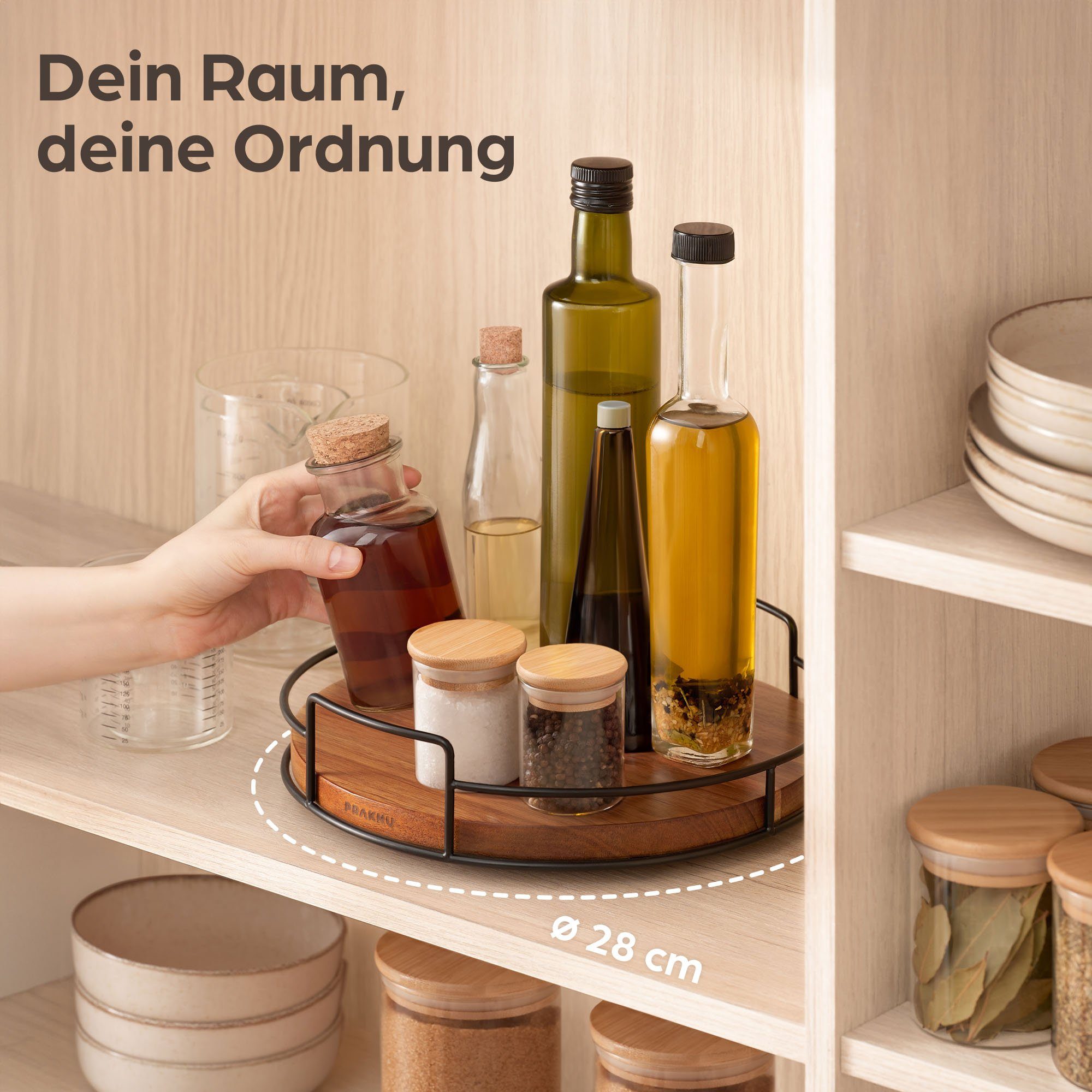 Praknu Gewürzkarussell Drehteller Organizer aus Holz Küche, Lazy Susan Tablett Servierteller, (1-tlg), Servierplatten 360° Drehbar - Rutschfest - Ø 28 cm - FSC Akazienholz