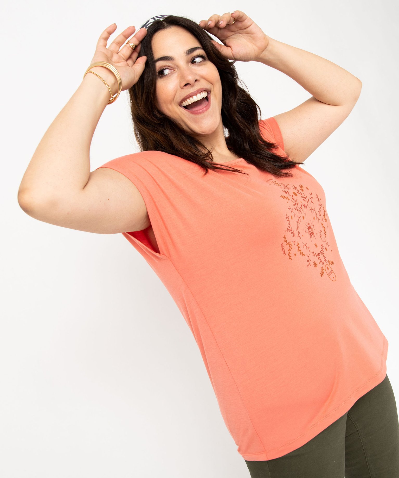 Tee-shirt femme grande taille à manches courtes avec motifs rose | GEMO