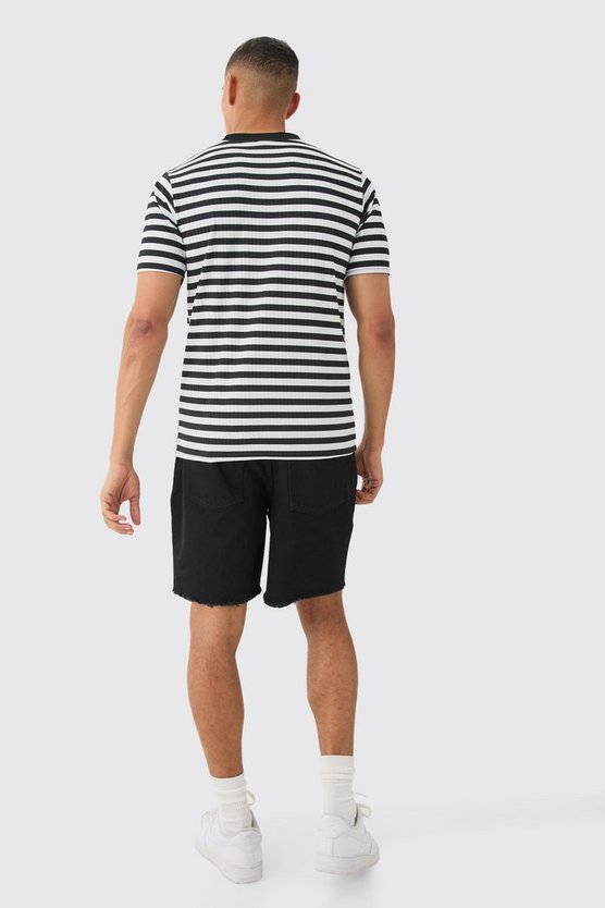 Lockere gerippte Jeansshorts mit Seitenstreifen