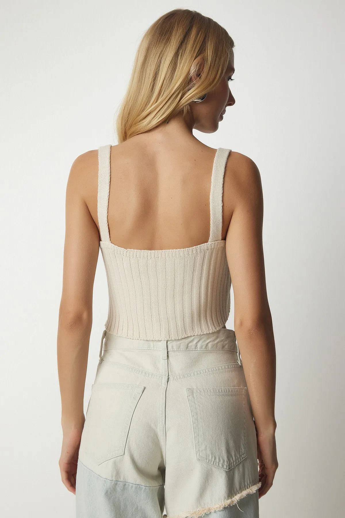 Happiness İstanbul  Cremefarbenes Strick-Bustier-Cardigan-Set für Damen YY00168
