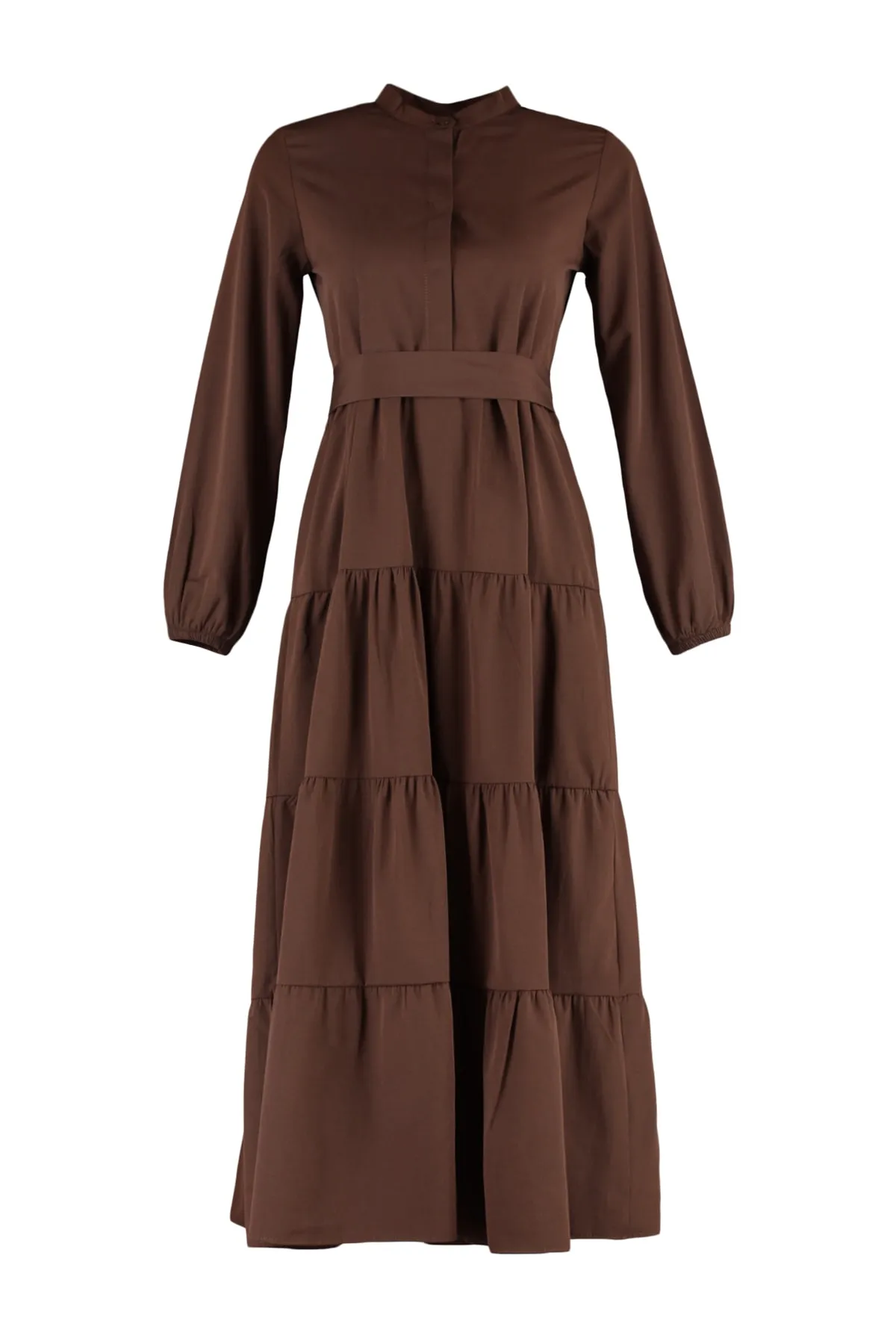 Trendyol Modest  Dunkelbraunes gewebtes Kleid mit Gürtel und Chefkragen sowie Knopfleiste TCTSS21EL3343