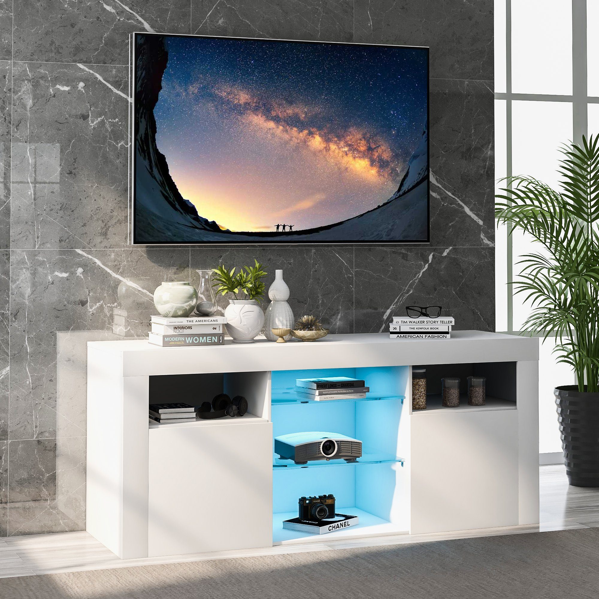 OKWISH TV-Schrank TV-Tisch, TV-Ständer mit 2 Schränken mit Türen und 5 offenen Regalen (Hochglanz-TV-Schrank Einstellbares LED-System, weiß 120*35*50cm Multifunktionale Aufbewahrung) TV-Möbel für bis zu 55 Zoll Fernseher