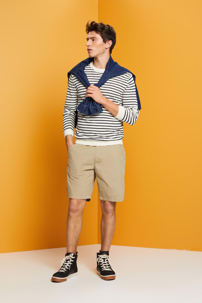 Gestreifter Rundhals Pullover, Baumwoll-Leinenmix