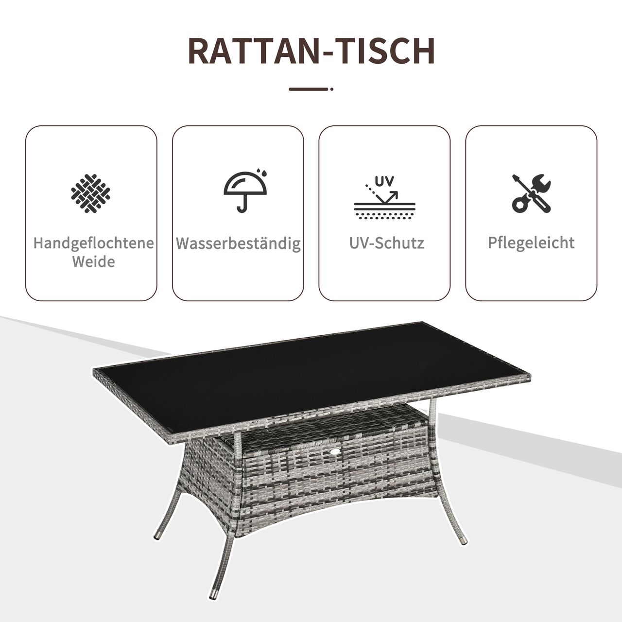 Outsunny Gartentisch Glastisch Esstisch Gartenmöbel Tisch, Polyrattan Sicherheitsglas, Grau Schwarz, 150x85x74cm