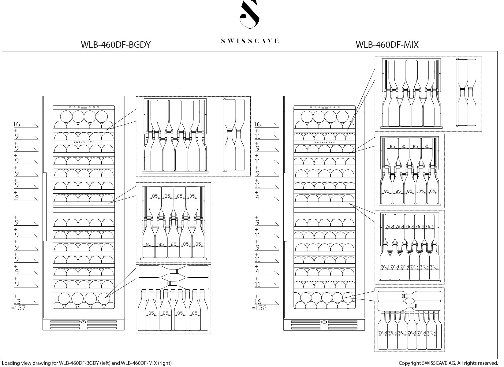 Swisscave Weinkühlschrank WLB-460DF-MIX,2-Zonen Weinkühlschrank, 152 Flaschen, 172 cm (H)