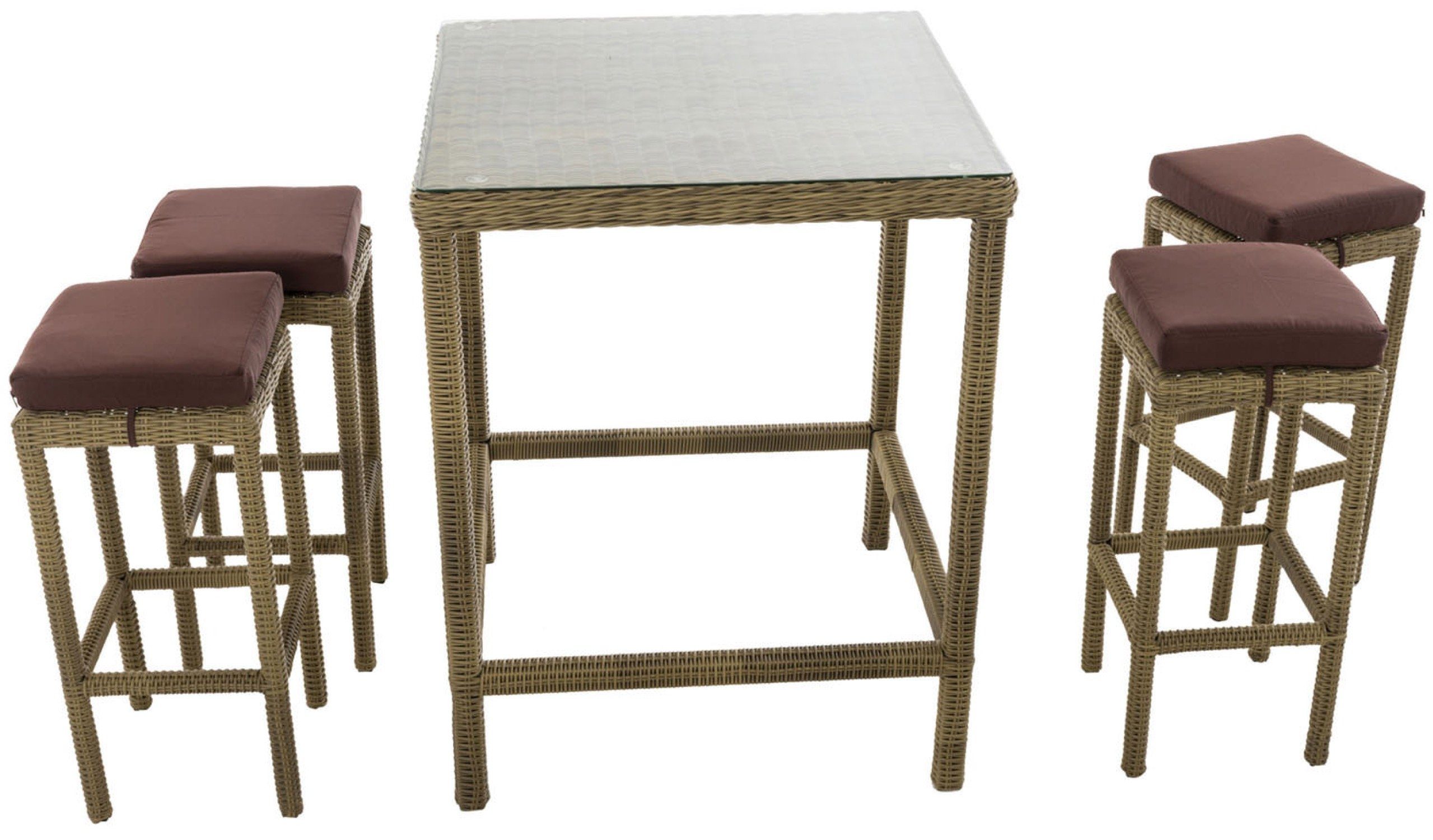 TPFGarden Gartenbar-Set Alina - aus 5mm Polyrattan und Aluminium-Gestell, (Stehtisch-Set mit 4 Hockern und Kunstlederauflagen, Gartenlounge-Set - wasserfest, pflegeleicht und UV-beständig), Maße (TxBxH): Tisch 84 x 84 x 110,5cm - Hocker 37 x 37 x 74,