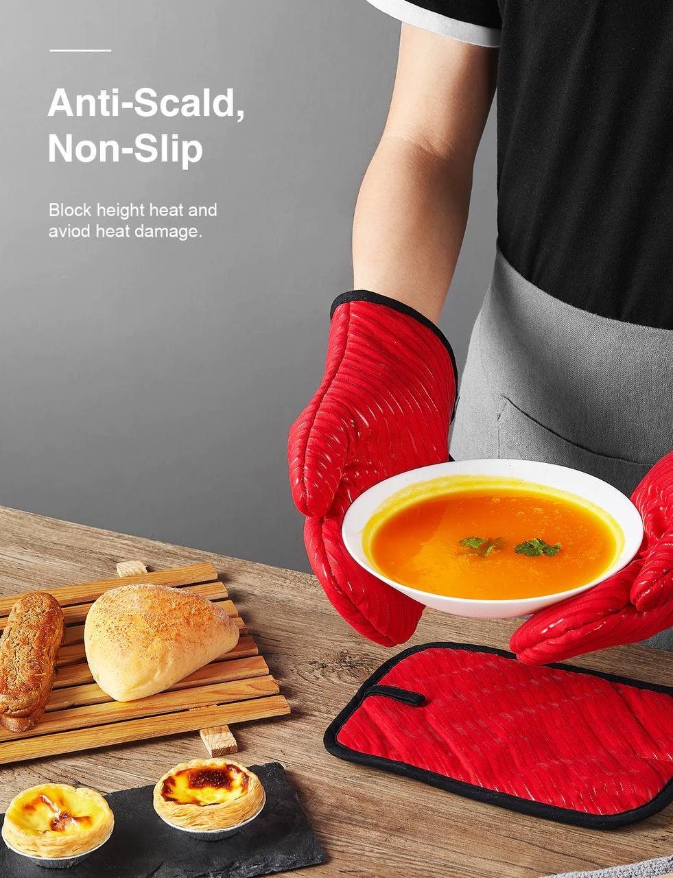 DEIK Topfhandschuhe, (4er Set, Rutschfestes Silikon mit hoher Hitzebeständigkeit, 18 x 18 cm), 2 Ofenhandschuhe & 2 Topflappen - Geeignet zum Kochen Backen Grillen