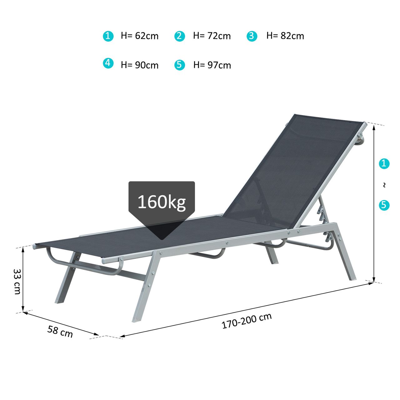 Outsunny Garten-Sonnenliege Metall 170 x 58 x 97 cm