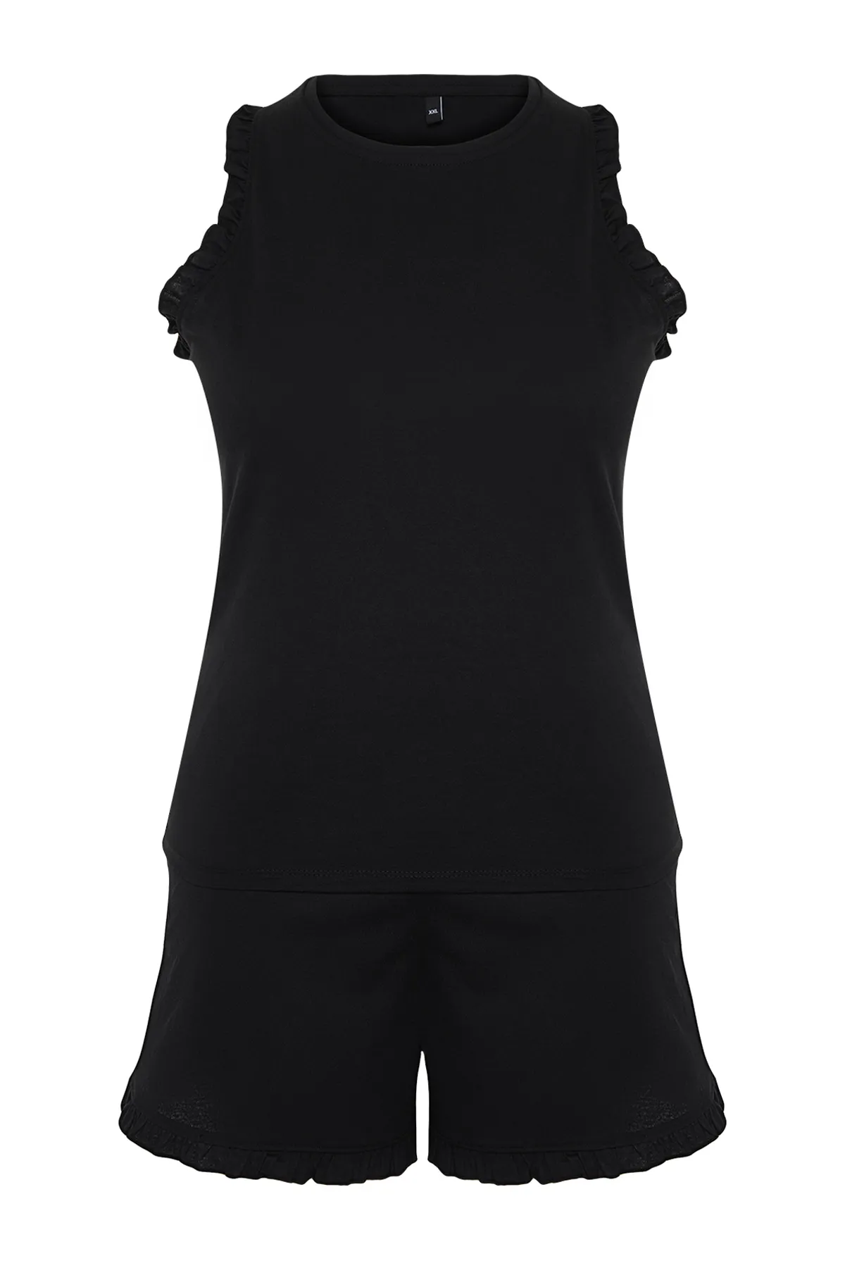 Trendyol Curve  Schwarzes Pyjama-Set aus Strick mit Sportlershorts und Rüschendetail TBBSS24AI00017