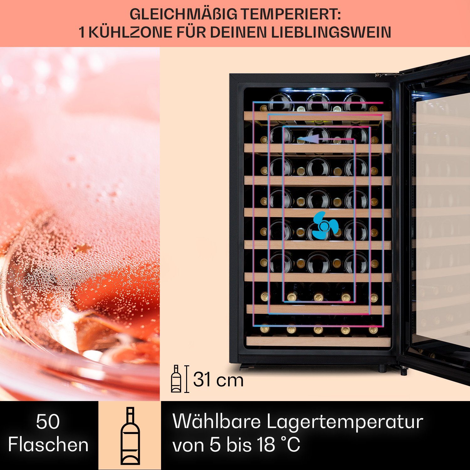 Klarstein Weinkühlschrank Barossa 50 Uno, für 52 Standardflaschen á 0,75l,Wein Flaschenkühlschrank Weintemperierschrank Weinschrank Kühlschrank