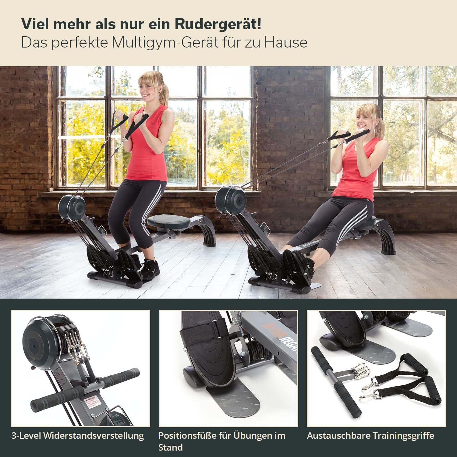 Skandika Rudergerät Regatta Multi Gym Poseidon, 2 in 1 Multi Gym, klappbar, Polyfiber Zugsystem