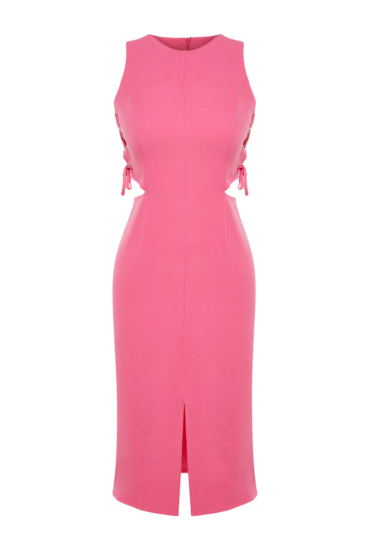 Trendyol Collection  Fuchsiafarbenes, detailliertes, ärmelloses, tailliertes Midi-Webkleid mit Ausschnitten TWOSS23EL02043