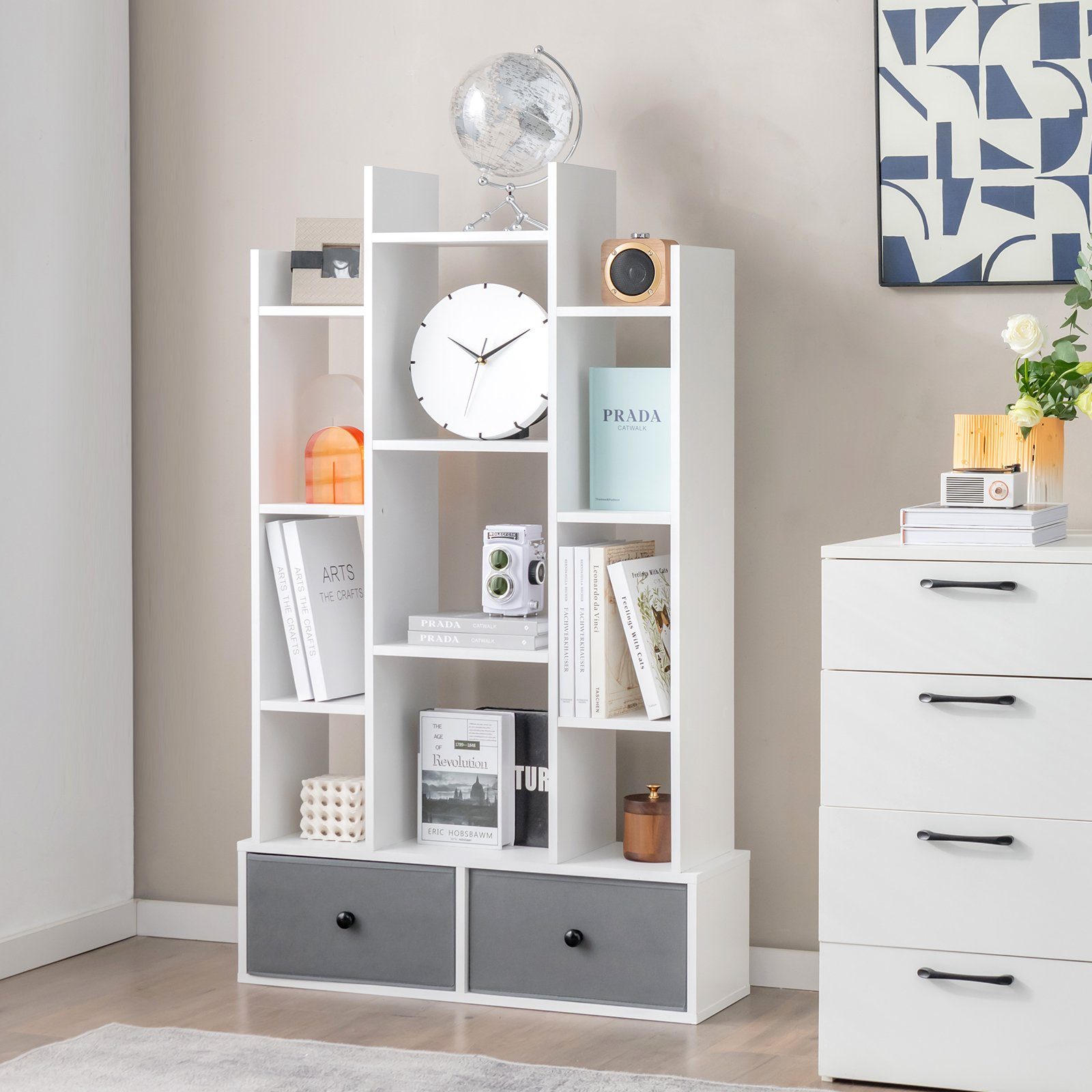 COSTWAY Bücherregal, Standregal mit 12 Fächern und 2 Schublade, 53x24x118cm