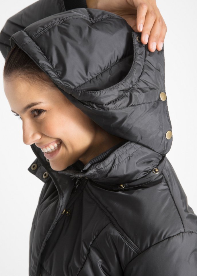 Long-Steppjacke, wattiert mit Kragen und Kapuze