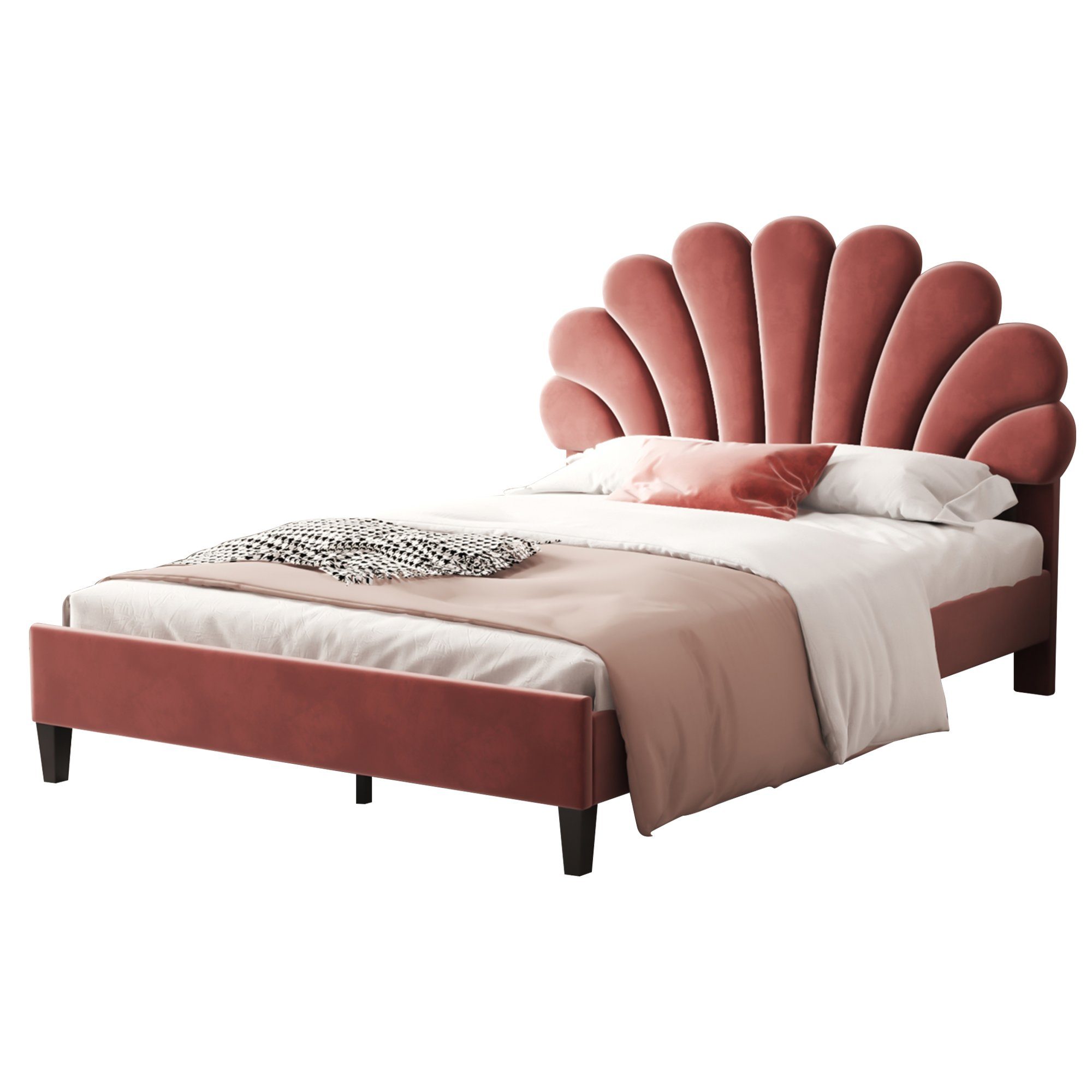 SEEZSSA Polsterbett Polsterbett 140x200cm Doppelbett Bettgestell Gästebett mit Kopfteil, Blumenform und Lattenrost, Kinderbett in hautfreundlichem Samtstoff