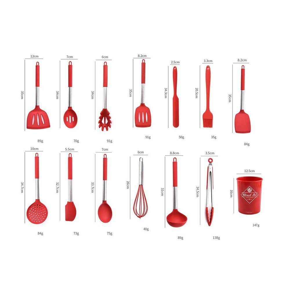 esyBe Kochbesteck-Set Silikon Küchenutensilien Set, Küchenhelfer, Küchengerät, Rot (13-tlg), Antihaftbeschichtet, Hitzebeständig