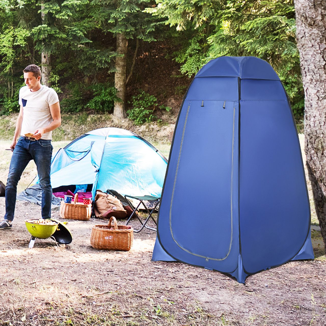 Outsunny Pop up Toilettenzelt Mobiles Camping Duschzelt Umkleidezelt mit Innentasche Duschkabine Umkleidekabine Wasserfest Polyester Dunkelblau 120 x 120 x 190 cm