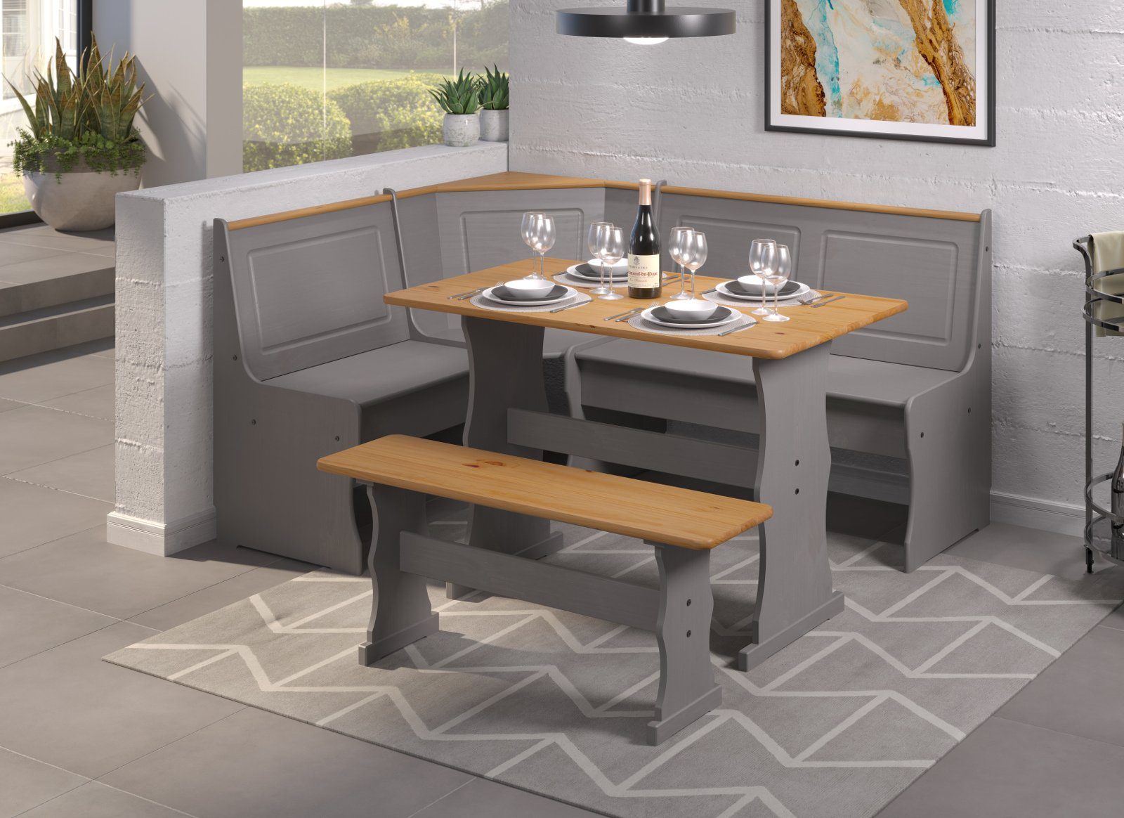 INTER-FURN Eckbankgruppe Paterno, (Komplett-Set Kiefer massiv, gewachst, 3-tlg., 3-teilig), inklusive Esstisch und Bank