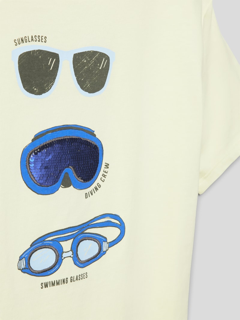 T-Shirt aus Baumwolle mit Motiv-Prints in hellgelb