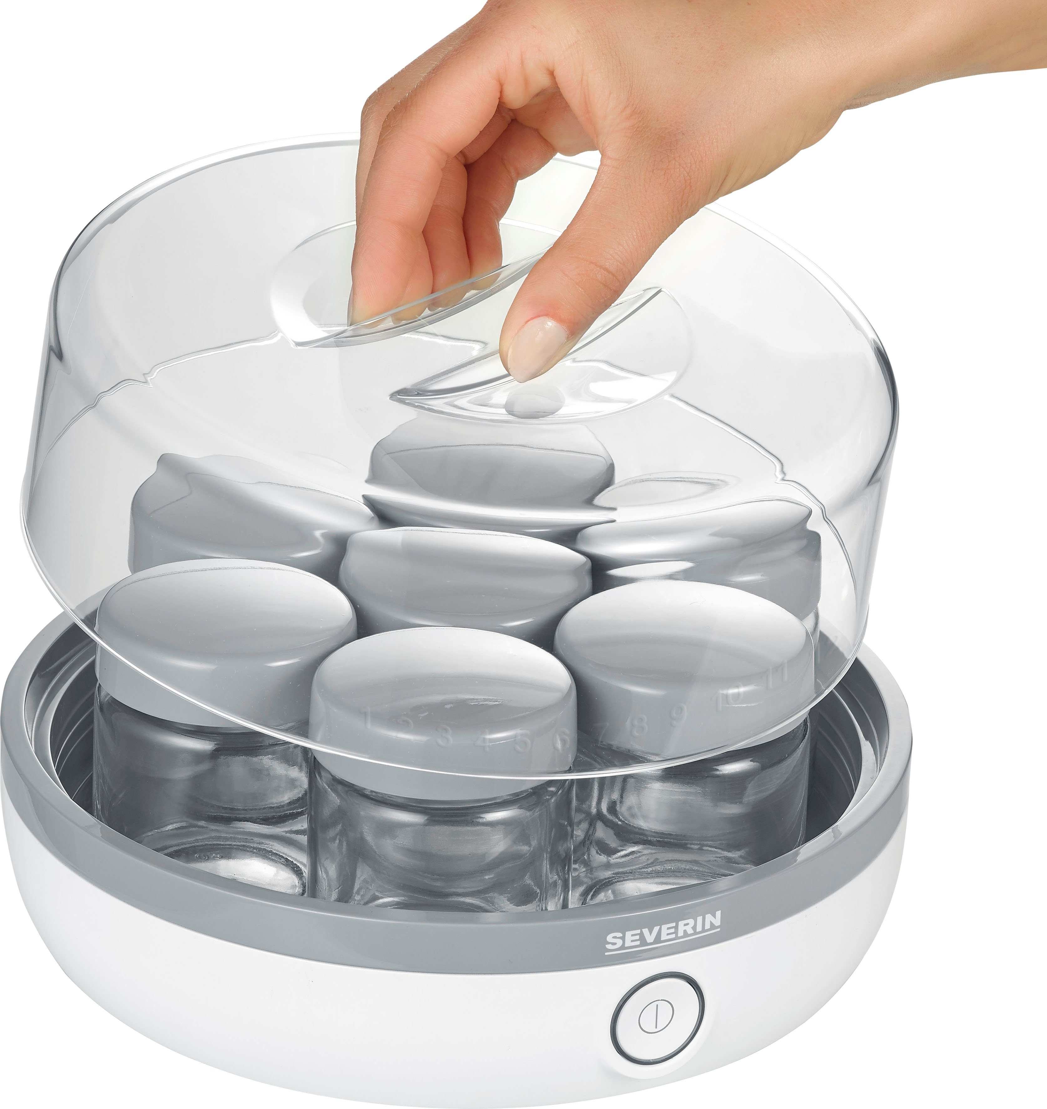 Severin Joghurtbereiter JG 3520, 14 Portionsbehälter, je 150 ml, 14 auslaufsichere Portionsgläser, transparenter Deckel