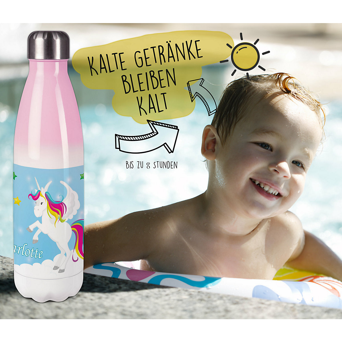 Edelstahl Kinder Thermoflasche / Trinkflasche bunt Pegasus Farbe blau Spülmaschinenfest, Auslaufsicher, Bruchfest, Doppelwandig, Für Heißgetränke geeignet, Mit Deckel, Isoliert