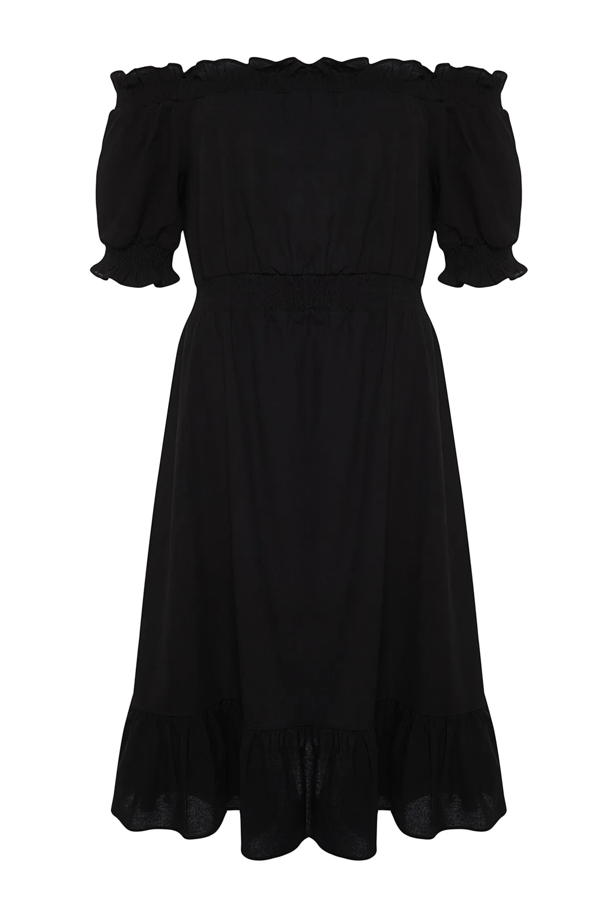 Trendyol Curve  Schwarzes gewebtes Kleid mit gerafftem Carmenkragen TBBSS22EL1633