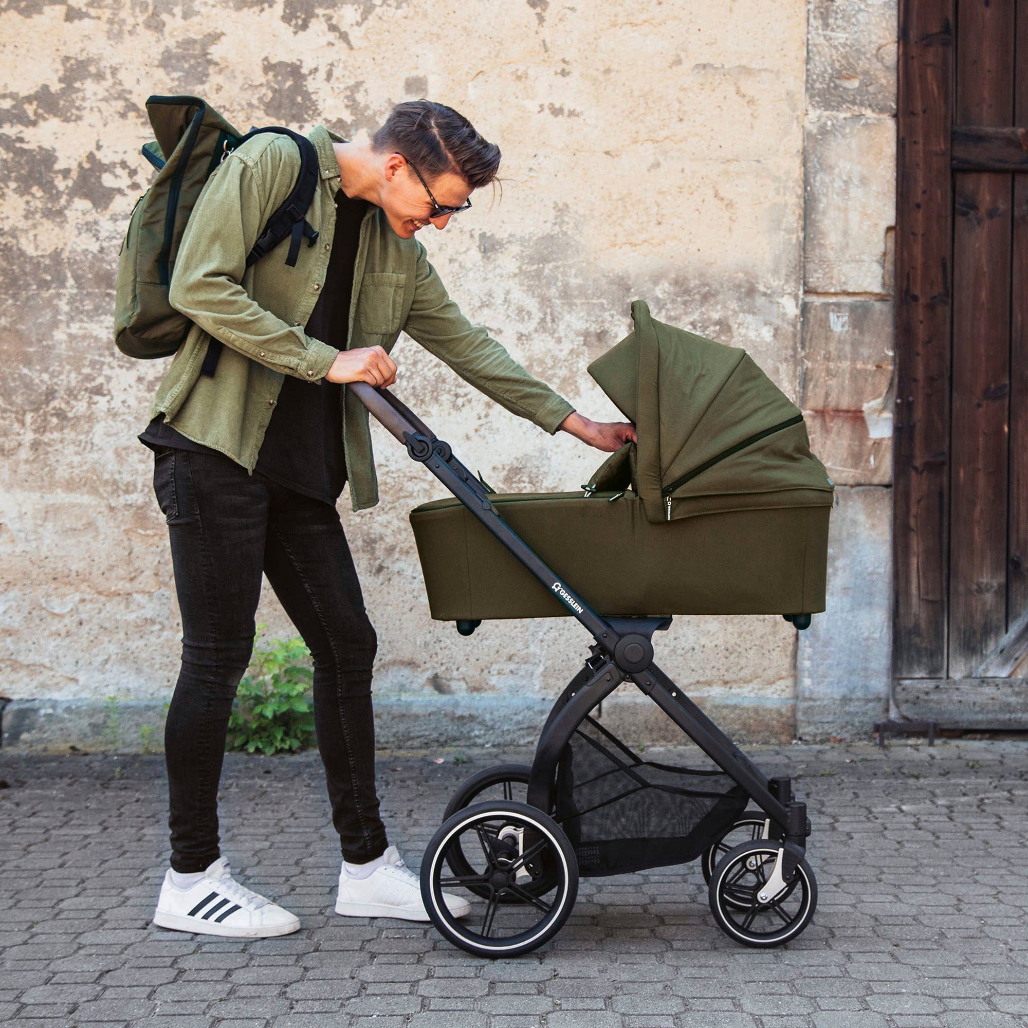 Gesslein Kombi-Kinderwagen FX4 Soft+ mit Aufsatz Style, moos/tabak, mit Babywanne C3 und Babyschalenadapter
