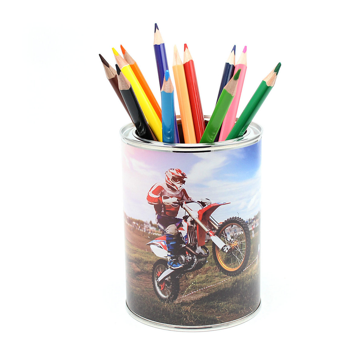 Stiftebecher Motocross Stifteköcher inkl. 12 Dreikant Buntstiften Stifteköcher