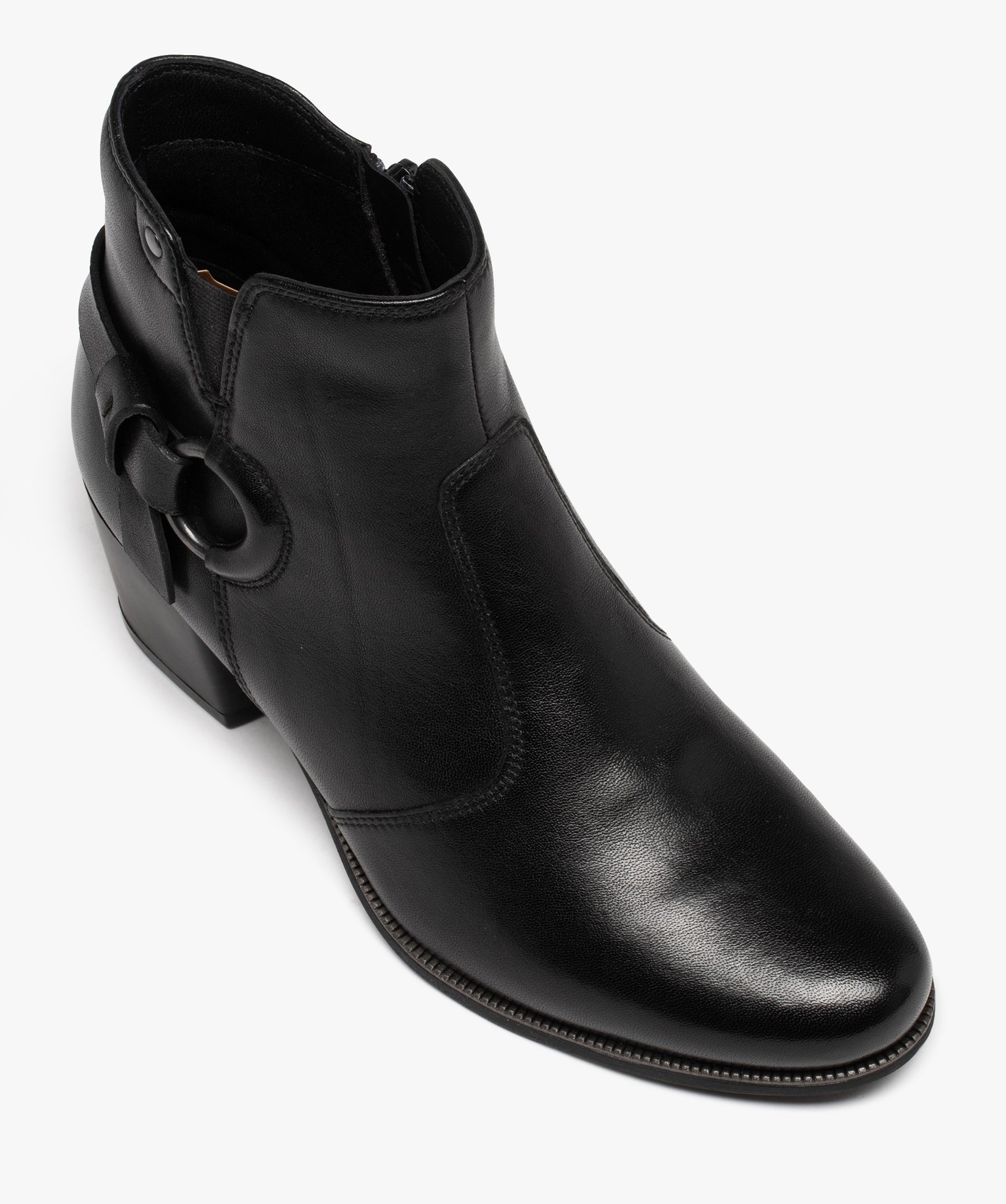 Boots femme dessus en cuir uni à talon carré avec zip noir | GEMO