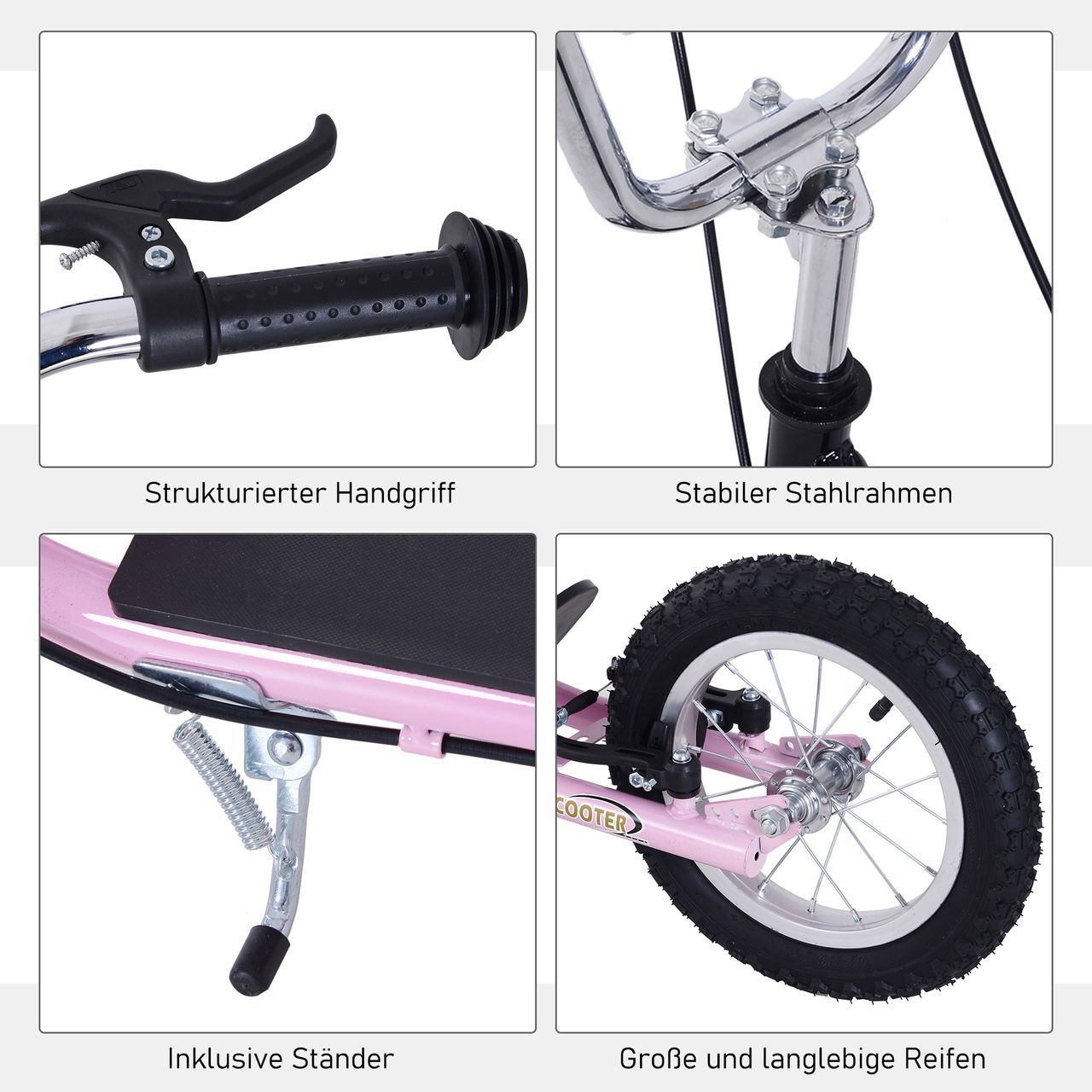 HOMCOM Kinderroller mit Bremsen 16/12 Zoll Scooter Tretroller Cityroller Kinder Roller Kickboard für 5  Jahre Kinder Rosa 135 x 58 x 92-100 cm
