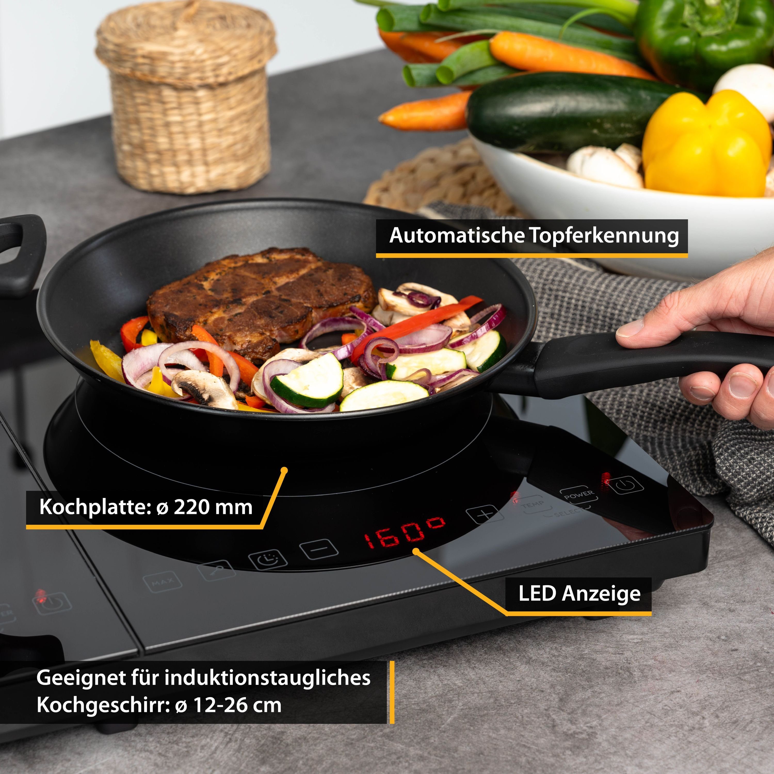 TZS FIRST AUSTRIA Doppelkochplatte Induktion Kochplatte, 3500W, Keramik, Temperaturregelung, Temperaturregelung, Glaskeramik, Doppelkochplatte