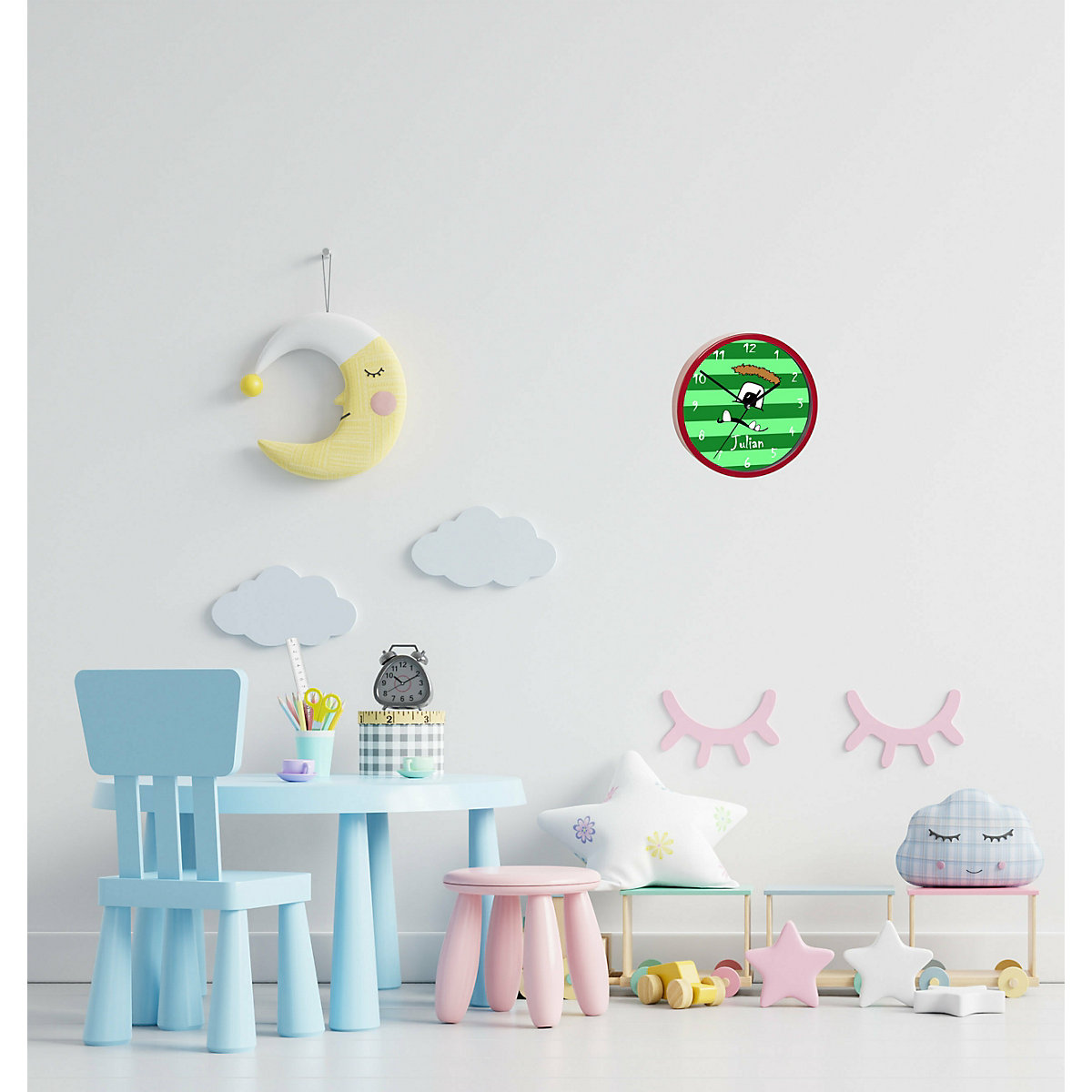 Kinder Wanduhr personalisiert mit Name Monster Streifen grün