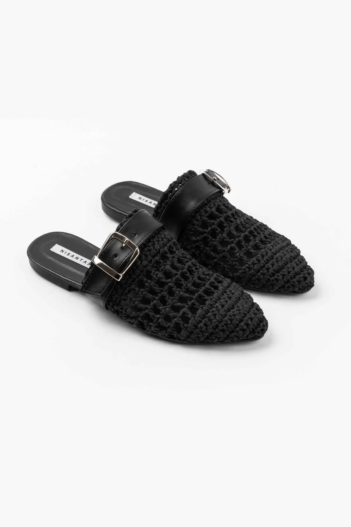 NİŞANTAŞI SHOES  Beste schwarze gestrickte Damenhausschuhe mit Gürteldetail und flacher Sohle
